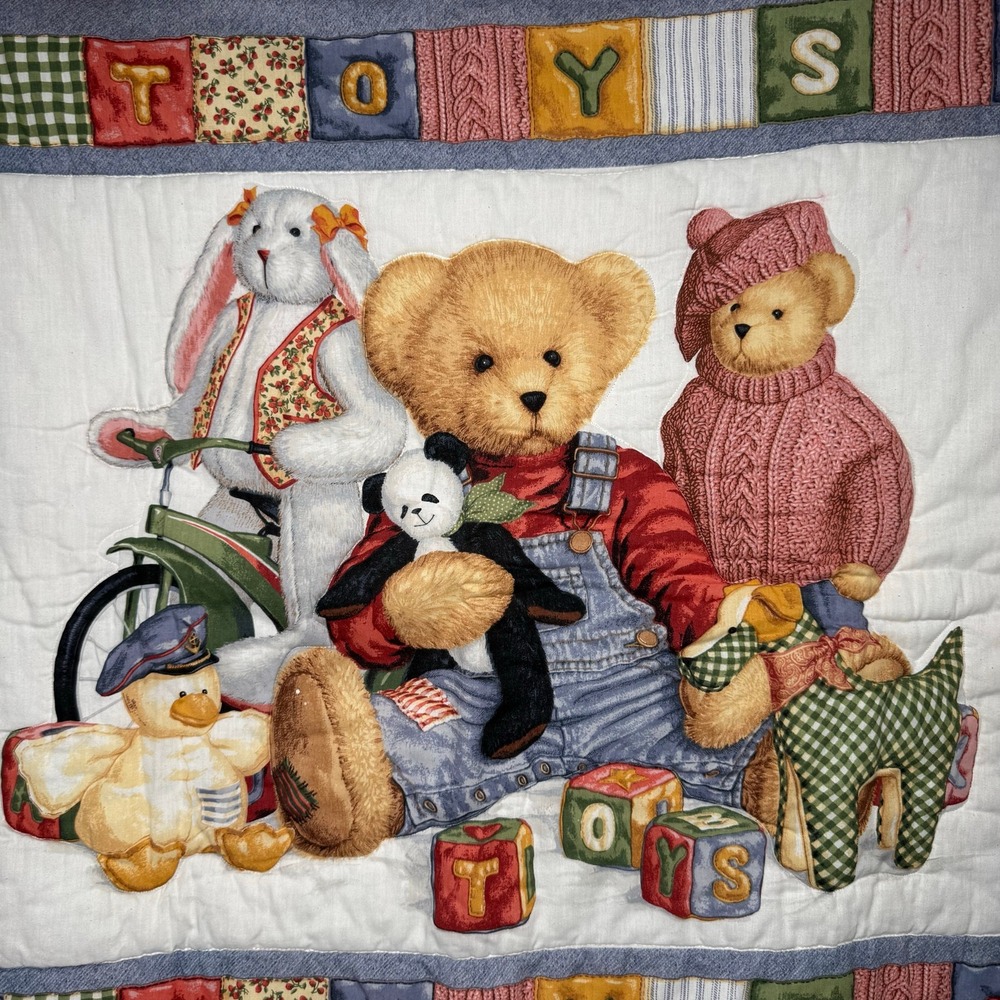 Handmade Quilted Wall Hanging Art Decor Blue Jean Teddy Bear Toys Theme Nursery - Picture 3 of 7